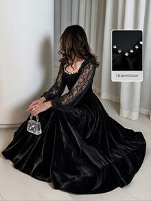 Modelyn Women's Black Velvet Knit Computer Rhinestone Lace Long Sleeve Cinched Waist A-Line Elegant Romantic Long Dress - Black - View 1