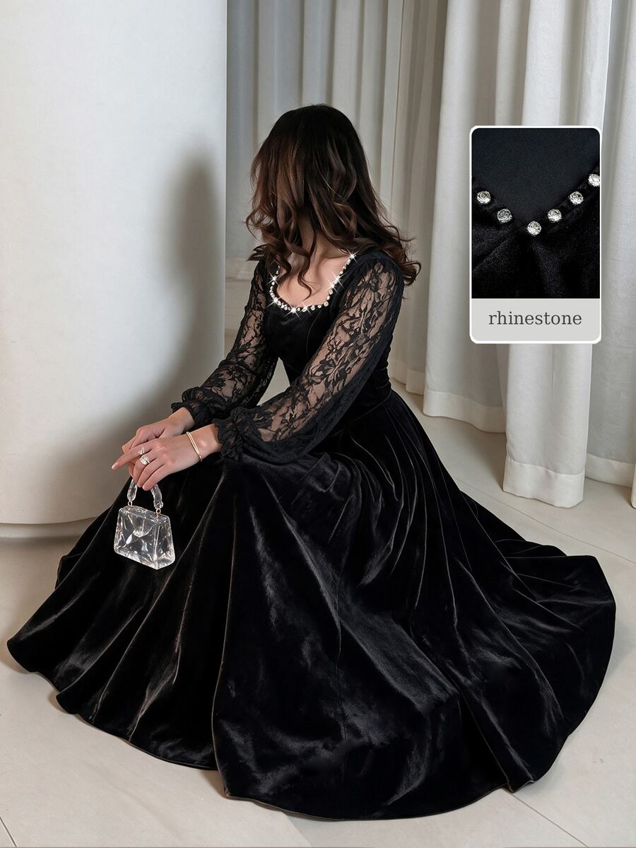 Modelyn Women's Black Velvet Knit Computer Rhinestone Lace Long Sleeve Cinched Waist A-Line Elegant Romantic Long Dress - Black - View 1