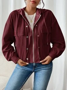 SHEIN Frenchy 拼接款 2合1 刷毛連帽夾克外套，輕量，秋季，休閒，場合，冬秋穿搭，通勤，辦公穿著，老錢風，極簡，校園，酒紅/波爾多紅 - 酒紅色 - 查看 3