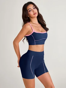 SHEIN Sovereign Charm 女款拼色細肩帶背心上衣與短褲休閒日常運動套裝 - 彩色 - 查看 4
