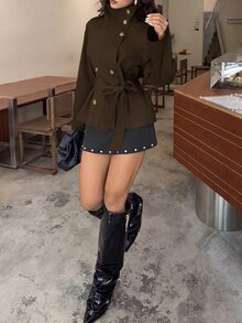 Aloruh 卡其色收腰短款風衣女款，適合秋冬穿著 - 摩卡棕 - 查看 9