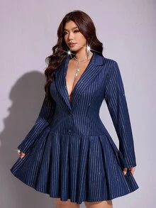 Viva Relle Plus-Size Sexy Striped Navy Blue With Silver Powder Dress Fall - Navy Blue - View 4
