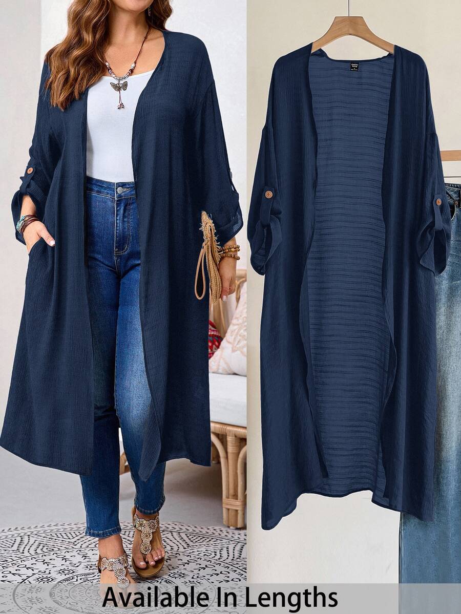 SHEIN Tall CURVE 大尺碼女款秋冬辦公晚餐外出長款開襟黑色大衣,商務休閒風 - 藏蓝色 - 查看 1