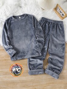 SHEIN 青少年男孩純色圓領長袖上衣與長褲居家休閒套裝 - 灰色 - 查看 1