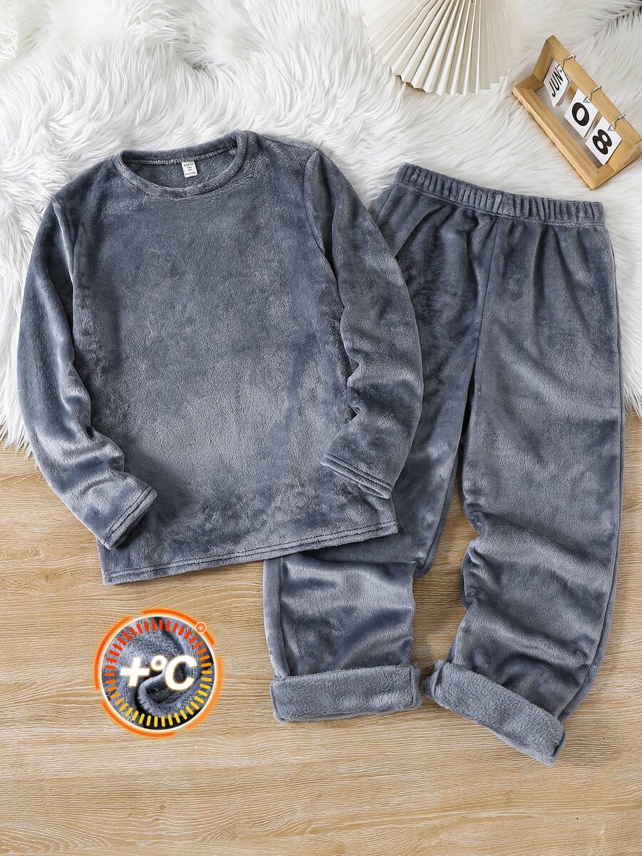 SHEIN 青少年男孩純色圓領長袖上衣與長褲居家休閒套裝 - 灰色 - 查看 1