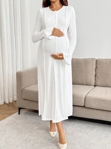 SHEIN Maternity Solid Color Round Neck Bell Sleeve Casual Dress Fall - White - View 3