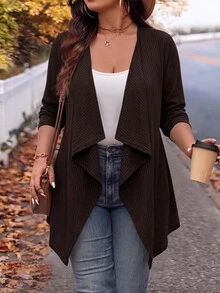 SHEIN LUNE Plus Size Winter Fashion Irregular Collar Design Long Knit Cardigan For Going Out And Work - Coffee Brown - View 1