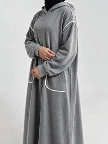 Lacomfia Casual Minimalist Grey Floral Contrast White Trim Hooded Drop Shoulder Long Sleeve Loose Regular Fit Plus Size Sweatshirt For Spring And Autumn - Grey - View 5