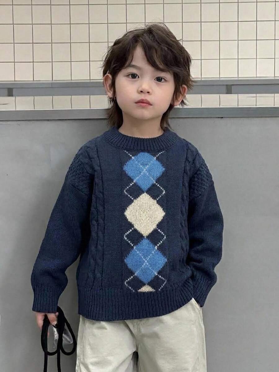 DAZY Boys' (Small) Plaid Cable Knit Casual Colorblock Loose Long Sleeve Pullover Thick Autumn/Winter Sweater - Navy Blue - View 1