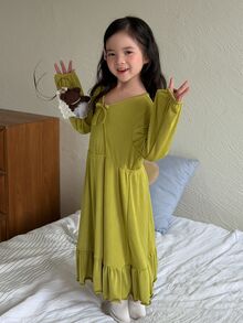 Dazy Kids 女童純色蝴蝶結裝飾長袖居家休閒連身裙 秋季 - 綠色 - 查看 7