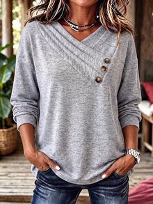 Sudadera de talla grande con cuello asimétrico, diseño fruncido, detalle de botones, manga larga, color gris jaspeado, estilo casual básico - Gris - Ver 4