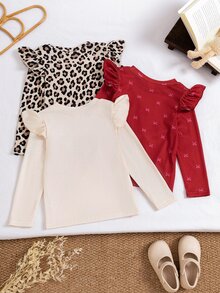 SHEIN 1件少女長袖上衣，甜美奶油色荷葉邊狗狗馴鹿針織圓領冬季節日派對針織衫白色上衣T恤 - 彩色 - 查看 2