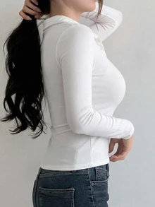 DAZY 女款純色長袖修身 Polo 領 T 恤 夏季款 - 白色 - 查看 7
