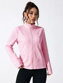SHEIN Sovereign Charm 女款純色長袖前拉鍊休閒舒適運動夾克 - 粉色 - 查看 5