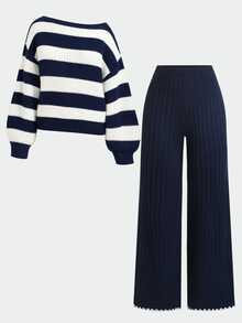 SHEIN Teen Girl Autumn/Winter Casual Deep Blue Striped/Asymmetrical Shoulder Pullover Sweater And Long Pants 2 Pieces Set, Suitable For Daily Wear,Autumn,Winter - Navy Blue - View 4