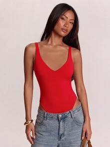 SHEIN BAE 女款純色V領休閒背心連身衣 - 紅色 - 查看 4