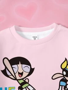 THE POWERPUFF GIRLS X SHEIN Tween Girl Letter Cartoon Print Crew Neck Long Sleeve Casual Sweatshirt - White - View 3