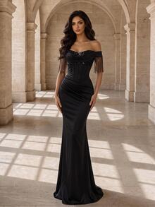 Coutiva Women's Patchwork Sequin Off-Shoulder Pleated Design Slim Fit Mermaid Hem Elegant Sexy Formal Prom Evening Gown Halloween Black Fall - Black - View 5
