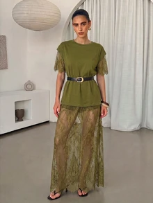 Lavishia 女款圓領短袖透視蕾絲洋裝，蕾絲刺繡透視拍照造型裙，黑色花卉，日常優雅派對夜店女裝 - 軍綠色 - 查看 9
