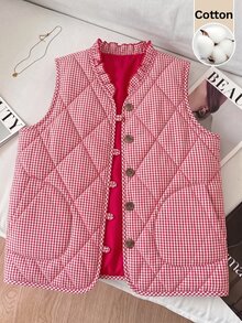 SHEIN Clasi 女款單排扣棕色格紋菱格紋絎縫秋季背心，適合外出、夜晚約會、休閒穿搭，2026秋冬款 - 紅白色 - 查看 1