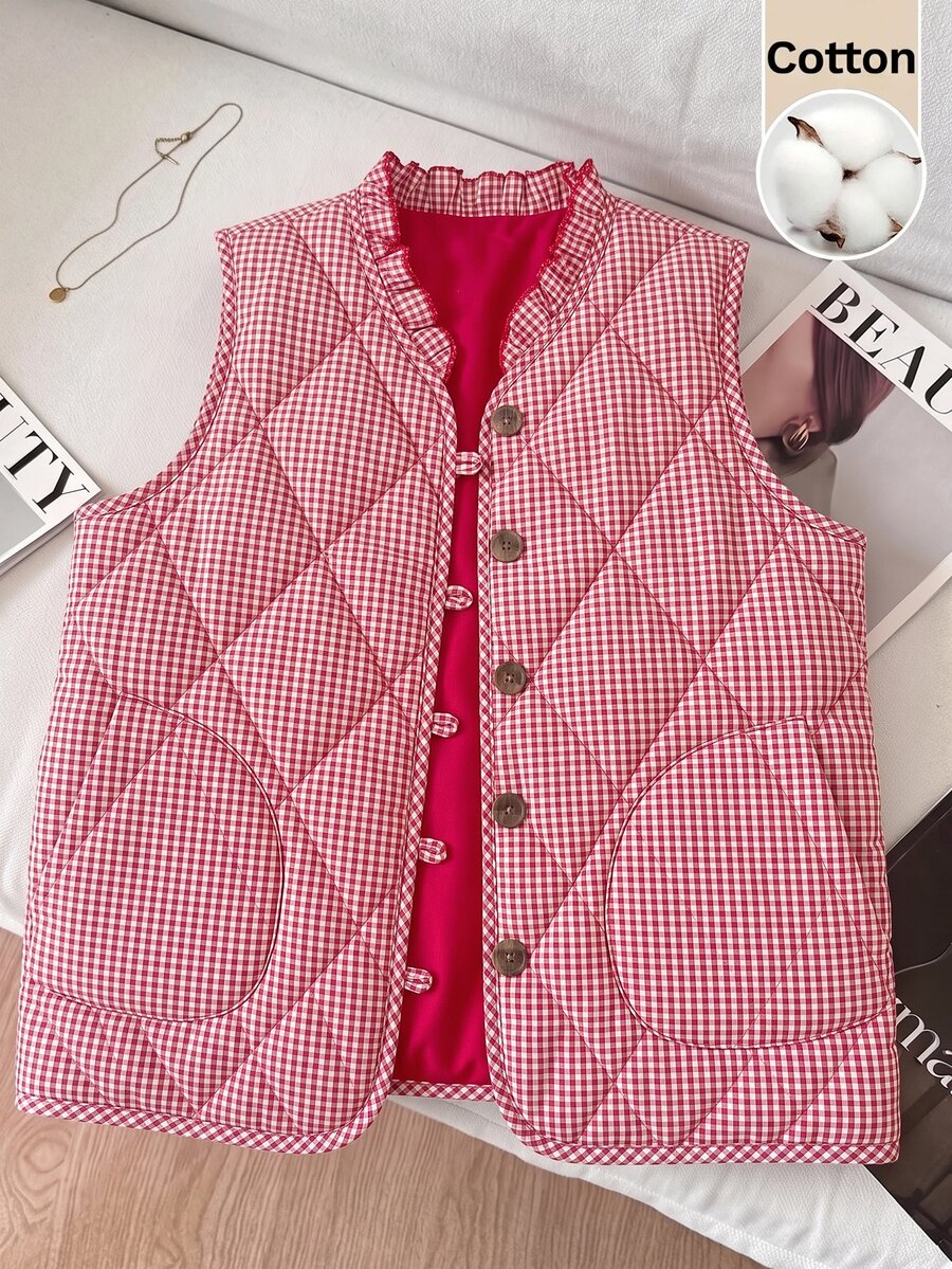 SHEIN Clasi 女款單排扣棕色格紋菱格紋絎縫秋季背心,適合外出、夜晚約會、休閒穿搭,2026秋冬款 - 紅白色 - 查看 1