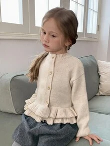 Hapijoa Young Girl Fall Clothes Young Girl) Patchwork Contrast Color Ruffle Fitted Long Sleeve Round Neck Drawstring Tie Casual Cardigan - Beige - View 6