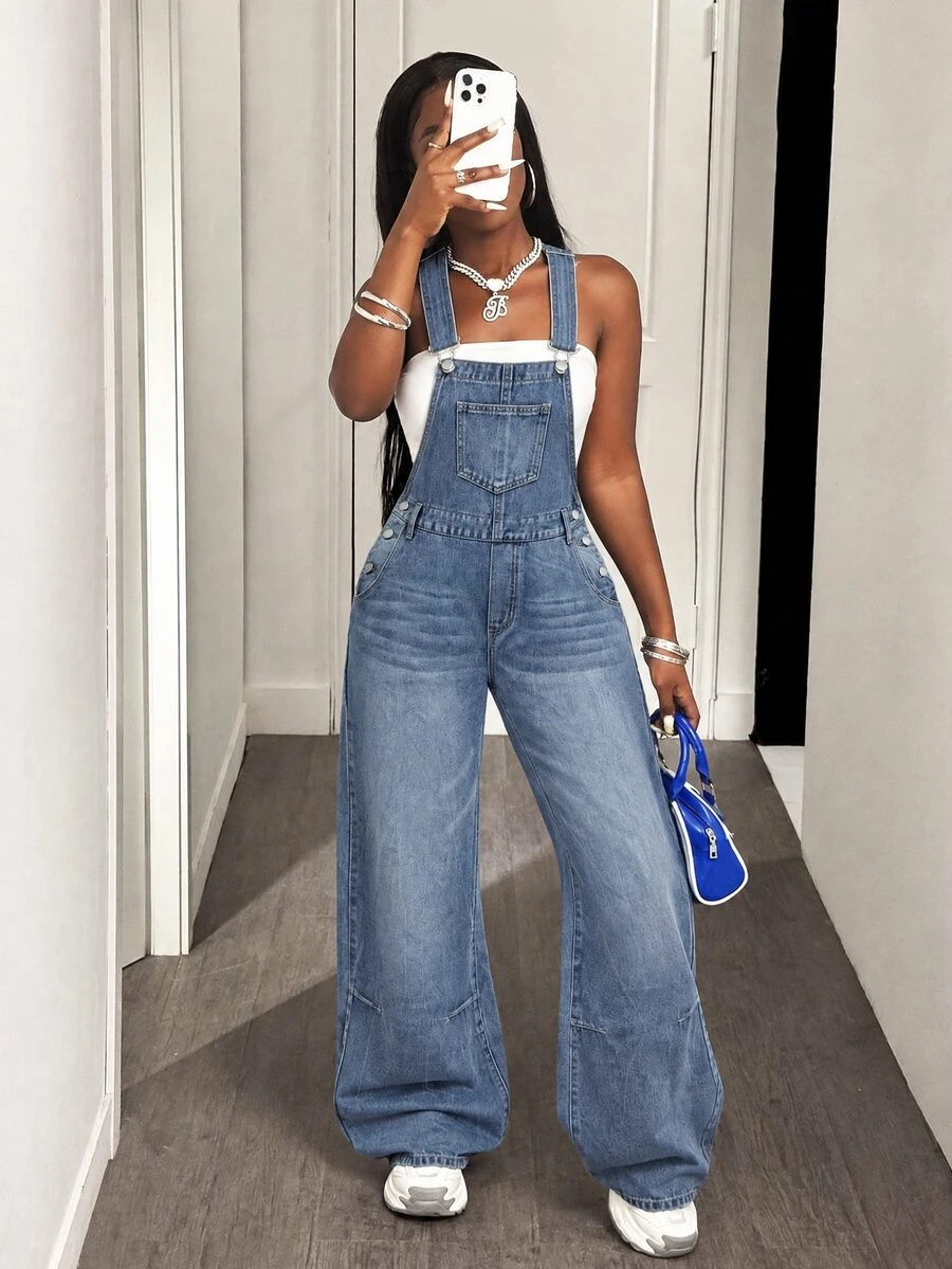 Slaydiva Women's Casual Loose Denim Overalls With Pockets - Blue - View 1