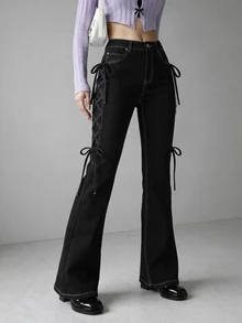 FRIFUL Celana Jeans Wanita Seksi dengan Kancing, Saku, dan Tali Pengikat Model Flare - Hitam - View 4