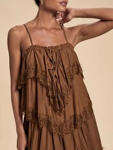 Travachic Women's Solid Color Ruffle Front Tie Strap Dress Squishy Fairy Spring/Summer New Chiffon Crinkled Contrast Lace Adjustable Strap Tiered Maxi Dress - Brown - View 4