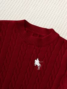 SHEIN Kids Young Boy Knit Solid Color Cable Knit Crew Neck Casual Autumn Winter Sweater, Classic Stripes, Small Horse Logo - Burgundy - View 4
