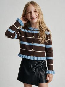 Maija Kids Maija Kids Tween Girl Striped Ruffle Hem Single-Breasted Knit Cardigan Autumn Kids - Multicolor - View 2