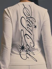 MUSERA White Long Sleeve Graphic Back Detail Top Fall Autumn Winter Coolgirl Halloween Party Going Out Concert Rave Disco Graphic Camo Sexy Thanksgiving - White - View 4