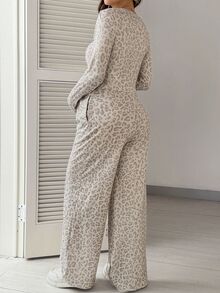 SHEIN Maternity Leopard Print Round Neck Long Sleeve T-Shirt And Adjustable Waist Long Pants Casual 2 Pieces Set - Multicolor - View 2