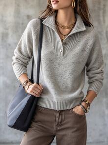 SHEIN Áo len dệt kim nữ cổ nửa cao mềm mại cho mùa thu/đông, 5 cúc, tay raglan dáng rộng thoải mái, áo pullover ngắn, lớp mặc trong đa năng cho đi làm hằng ngày - Xám - Xem 5