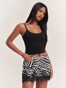 SHEIN BAE Women's Zebra Print Lace Patchwork Casual Daily Mini Skirt - Black and White - View 5