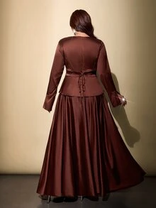Viva Relle Plus Size Coffee Brown Autumn Premium Satin Layered A-Line Long Dress 2 Pieces Set - Coffee Brown - View 2