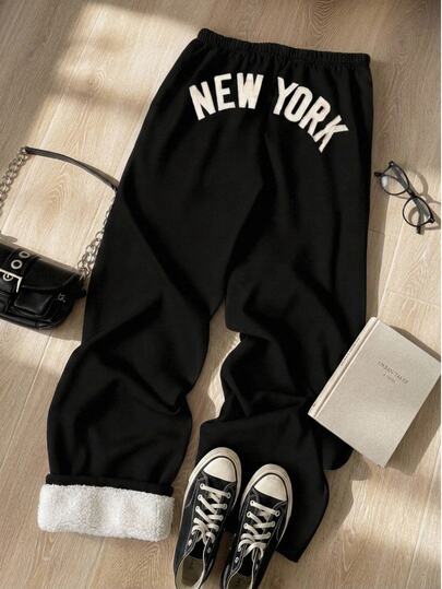 Tseoso Women's Autumn/Winter Fleece Lined Minimalist Front Tie Loose Sports Pants, Casual Daily Wear, Suitable For Back To School Season, New York Pattern Decoration, Low-Key And Versatile All-Match Style, Street Fashion Outfit, Coffee Shop Outfit, Modern Urban Fashion, Business Women's Wear, Office Wear, Low-Key Old Money Style, Elegant And Sophisticated, Commuting, Airport Outfit