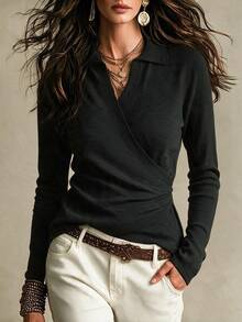 SHEIN 初秋女款修身小蠻腰交叉裹領長袖針織套頭毛衣 - 黑色 - 查看 1