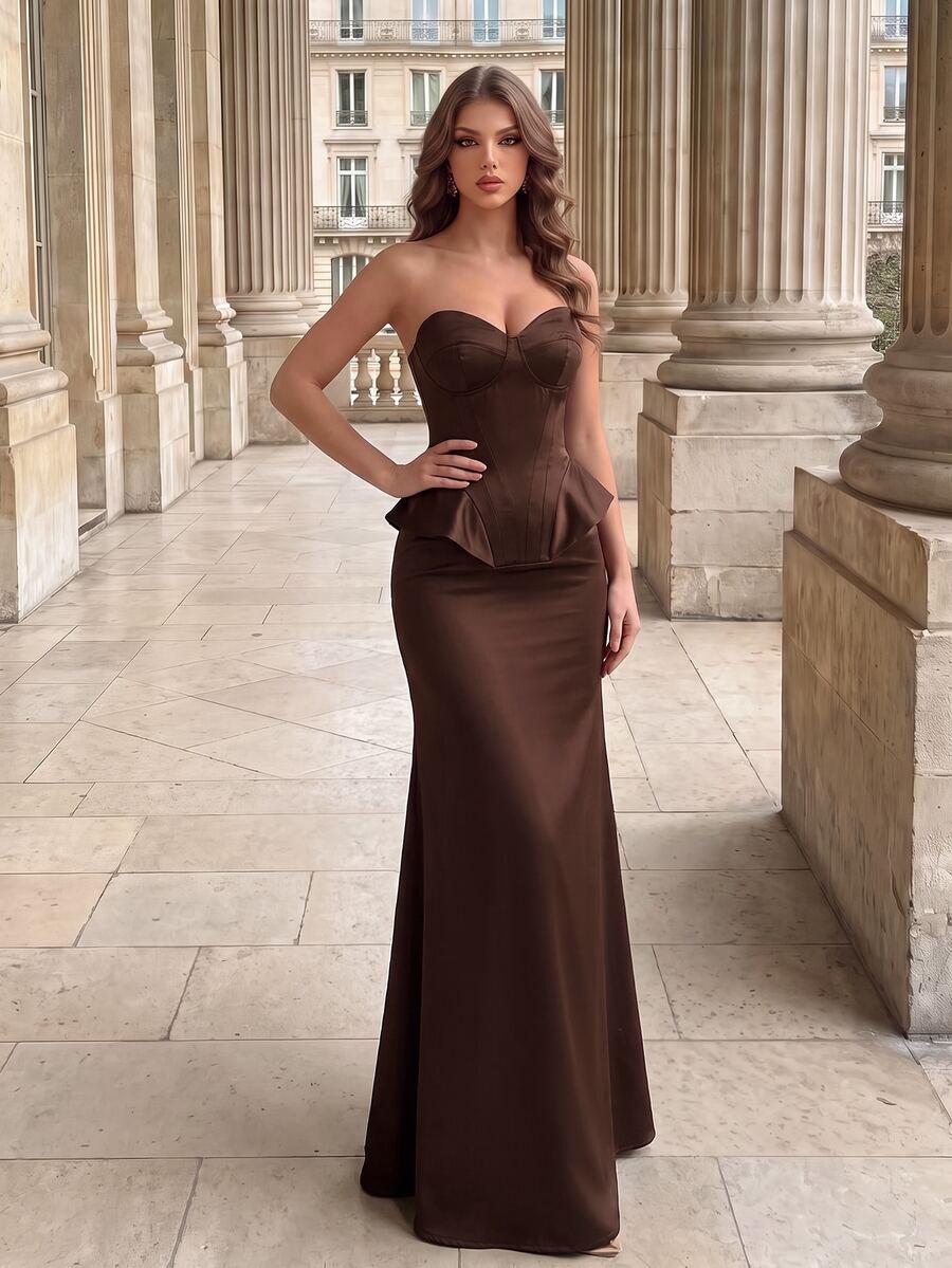 Poshira Women's Solid Color Patchwork Ruffle Mermaid Hem Fitted Elegant Strapless Cocktail Dress - Brown - View 1