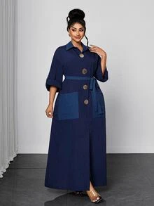 Maweii Plus Size Navy Blue Long Shirt Dress With Contrast Pocket Decor, Button Tie Waist, 3/4 Sleeve Fall Brunch Party Elegant - Navy Blue - View 4