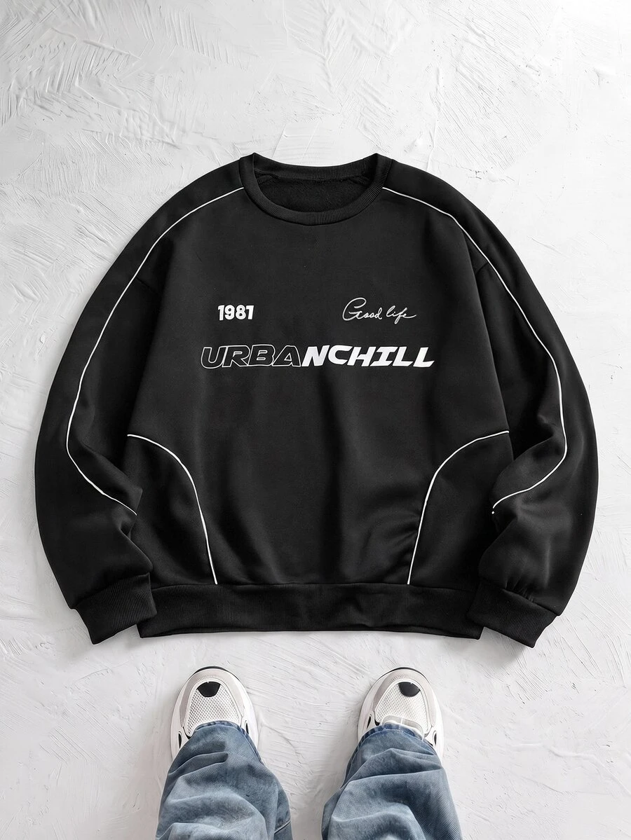 NORVETH Men's Spring/Autumn Casual Standard Size Black Pullover Sweatshirt With Turn Collar And Embroidery - Black - View 1