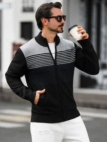 Marcello Vane Old Money 男士秋冬條紋長袖拉鍊針織開襟衫，情侶穿搭，辦公通勤秋季款，最佳節日禮物 - 黑色 - 查看 1