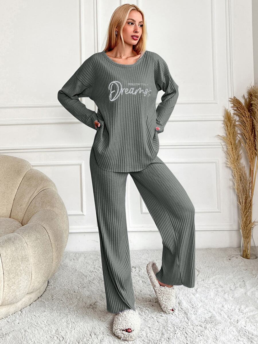 SHEIN Tall Size Women 2 Pcs Dark Green Rib Knitted Slogan Lettered Printed Round Neck Long Sleeved Shirt&L - Dark Green - View 1