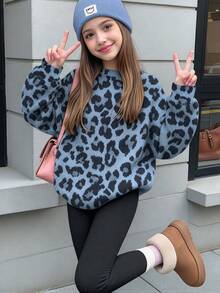 青少年女孩休閒極簡復古風豹紋海軍藍配色圓領抓絨衛衣與鬆緊腰長褲套裝，適合秋冬，休閒舒適街頭風 - 白色 - 查看 2
