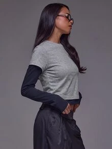 MUSERA White Colour Contrast Overlay Long Sleeve Top Winter Autumn Everyday Casual Going Out Cool Weekdaze - Grey - View 4