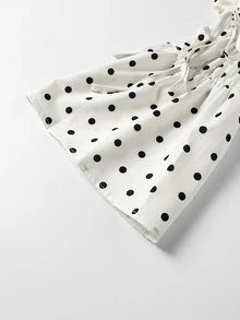 Easura Plus Size Casual Black & White Polka Dot Cinched Waist Long Sleeve Bell Sleeve Blouse - Apricot - View 10