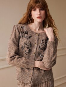 Arave Women Cardigan Skirt Set Slim Straight Knitted Floral Sequin Embroidery Button Front Ribbed Elegant Brown Floral Women's Set Fall Clothes For Women - Khaki - View 2