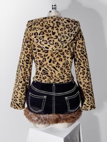 SHEIN ICON Women's Plus Size Leopard Print Flannel Hooded Sweatshirt - Brown - View 2