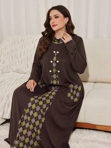 Lacomfia Minimalist Casual Solid Color Patchwork Geometric High Neck Long Sleeve Loose Regular Fit Spring Autumn Plus Size Dress - Chocolate Brown - View 1
