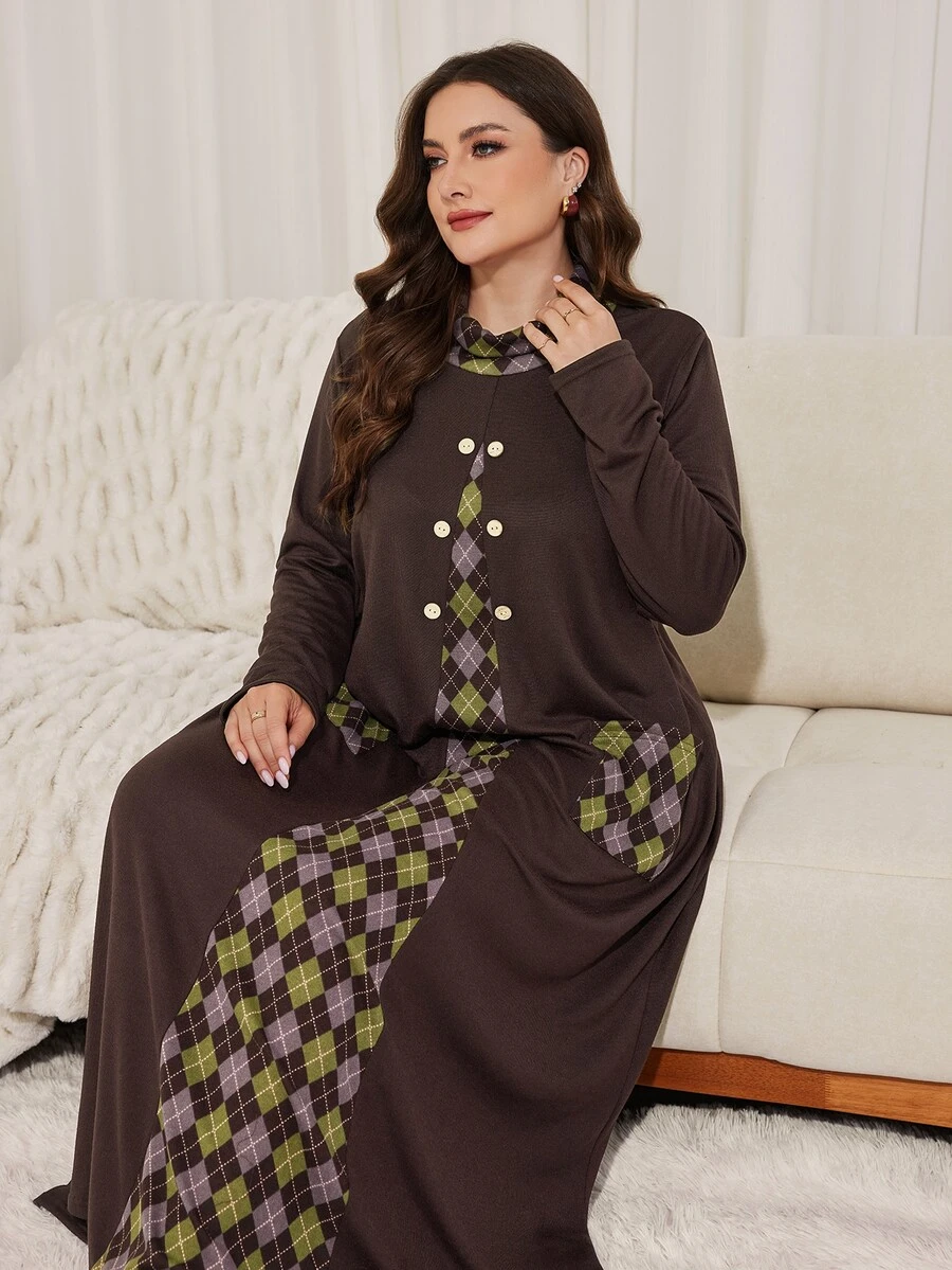 Lacomfia Minimalist Casual Solid Color Patchwork Geometric High Neck Long Sleeve Loose Regular Fit Spring Autumn Plus Size Dress - Chocolate Brown - View 1